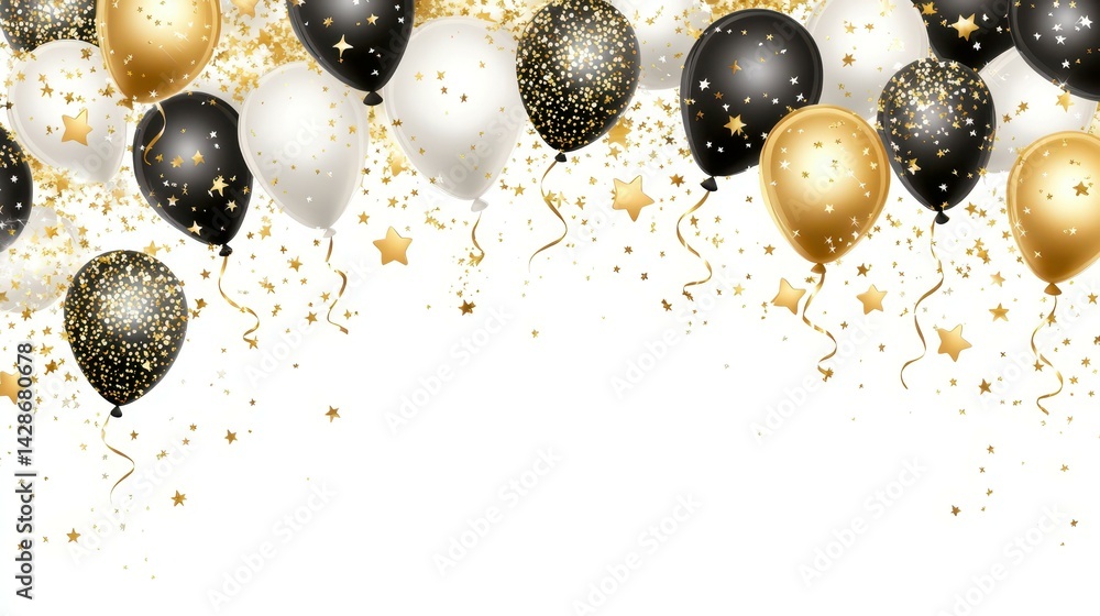 Black Gold Balloons Celebration: Elegant black, gold, and white balloons float against a white background, interspersed with confetti and ribbons, creating a festive and celebratory atmosphere. Black Gold Balloons Celebration: Elegant black, gold, and white balloons float against a white background, interspersed with confetti and ribbons, creating a festive and celebratory atmosphere.