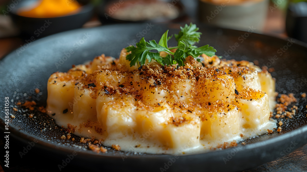 Mac and Cheese served on dark grey textured plate with fresh garnish top view