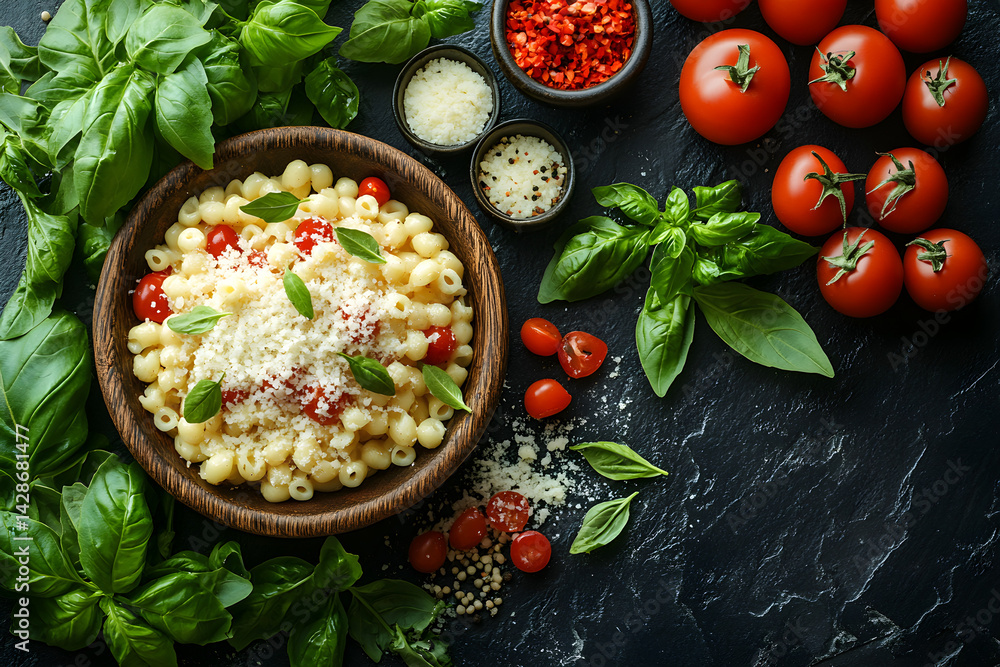 Mac and Cheese styled on rustic black stone table with side ingredients