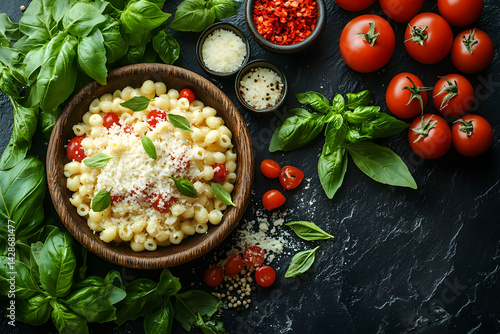 Mac and Cheese styled on rustic black stone table with side ingredients