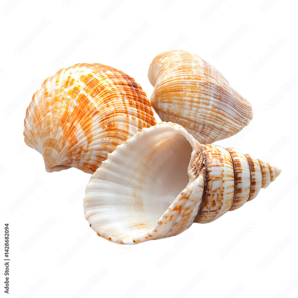 Obraz premium Three beautiful seashells against Transference background.