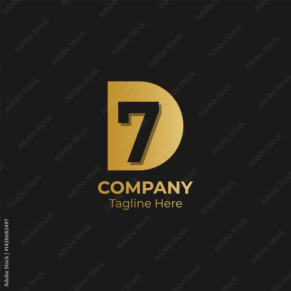 Initial letter and number logo, D and 7, D7, 7D, negative space flat gold. Initial letter and number logo, D and 7, D7, 7D, negative space flat gold.
