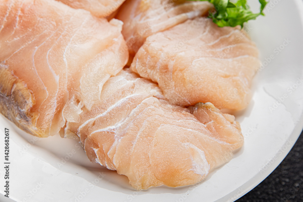Fish fillet raw white fish seafood appetizer dish organic fresh tasty gourmet food background on the table rustic food top view copy space Fish fillet raw white fish seafood appetizer dish organic fresh tasty gourmet food background on the table rustic food top view copy space