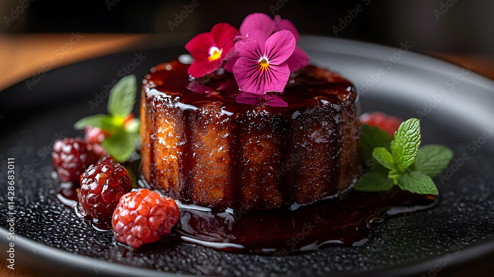 Malva Pudding presented on a black textured surface with elegant side garnishing