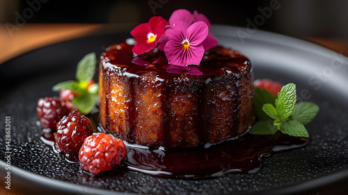 Obraz na płótnie Malva Pudding presented on a black textured surface with elegant side garnishing w salonie