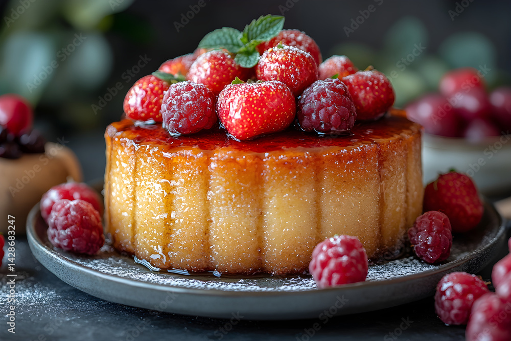 Malva Pudding styled on dark grey background with clean plating and props
