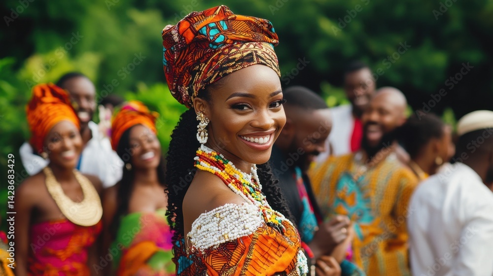 Fototapeta premium Joyful African woman in vibrant traditional attire at a festive outdoor gathering.