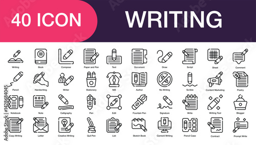 Writing set of icon in line style. Writing user interface icon collection. writing, book, pen, text, comment, note, and more. Editable Stroke