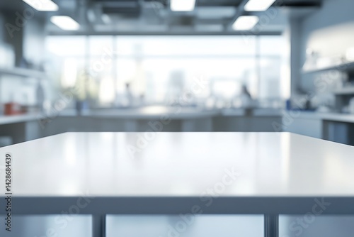 White table with blurred laboratory background, bright modern room. It can be used to display products and design promotional materials.