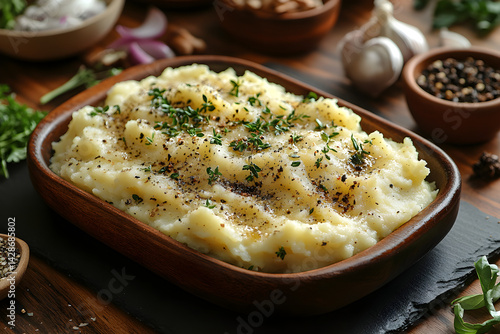Mashed Potatoes with Gravy styled on rustic black stone table with side ingredients