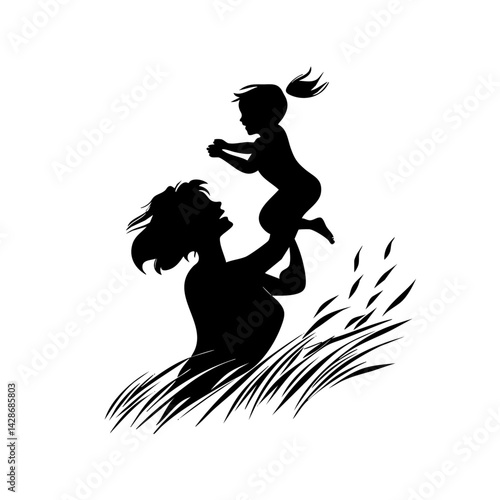 Mother raises toddler in meadow, uplifting silhouette