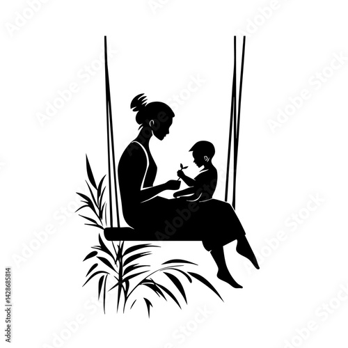 Mother on swing with child, sharing sapling silhouette
