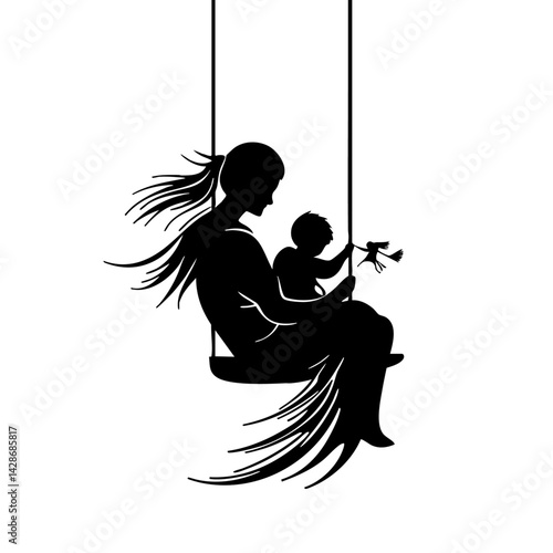 Mother and child on woodland swing with bird, silhouette