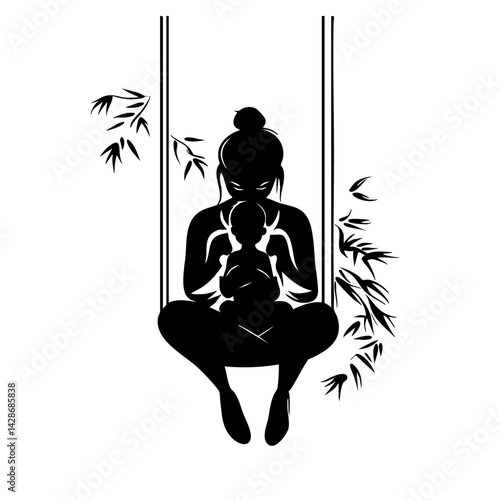 Cross-legged mother with infant on swing, calm silhouette