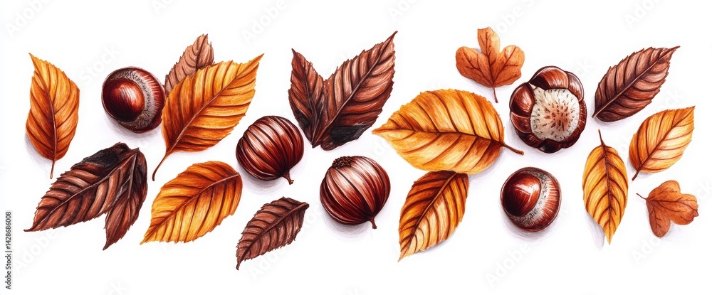 Fototapeta premium Autumnal arrangement of brown leaves and chestnuts on white background