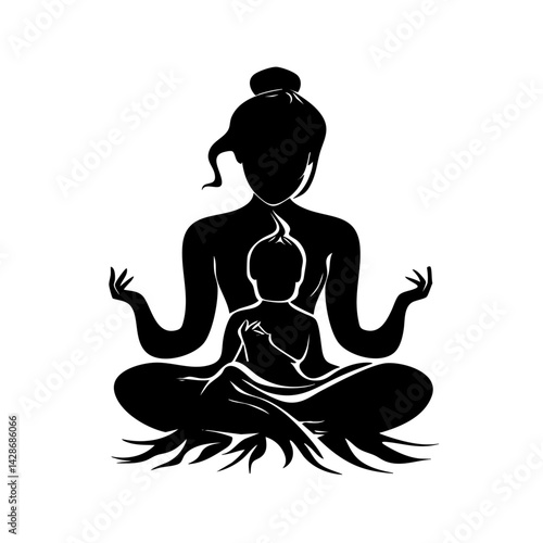 Mother mudra with child at heart, mindful silhouette