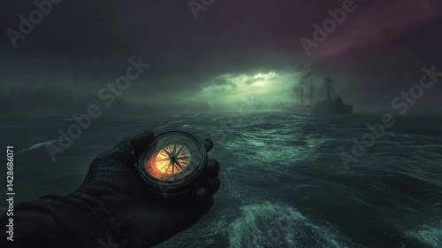 Mysterious compass held over stormy seas with a ship silhouetted against a brooding sky.
