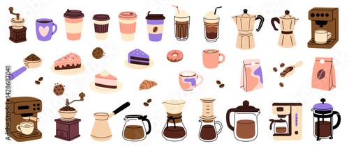 Large collection of coffee cups, desserts, brewing devices, beans, grinders and accessories in colorful flat illustration on white