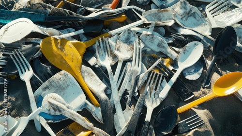 A clutter of discarded plastic cutlery and plates on a sandy beach.