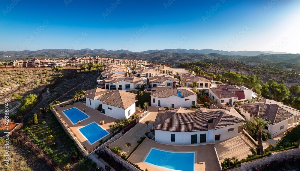 aerial photo of upscale residential houses with swimming pools in spain aerial photo of upscale residential houses with swimming pools in spain