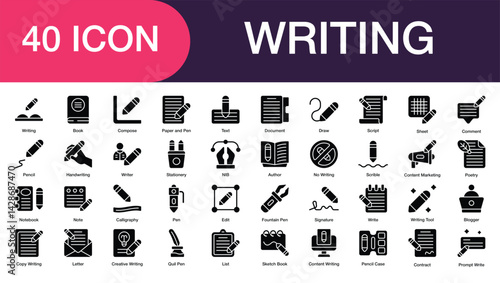 Writing set of icon in line style. Writing user interface icon collection. writing, book, pen, text, comment, note, and more. Pixel Perfect
