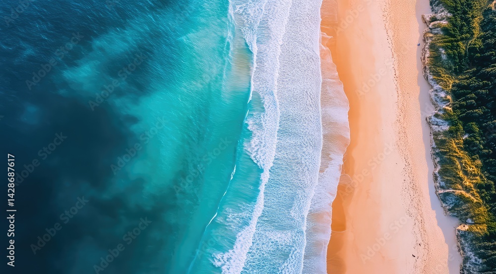 Aerial view of ocean waves meeting sandy beach. Coastal scene, vibrant colors Aerial view of ocean waves meeting sandy beach. Coastal scene, vibrant colors