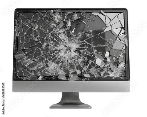 broken computer monitor with shattered screen, displaying chaotic pattern of cracks and fragments. This evokes sense of frustration and loss, highlighting impact of technology failure