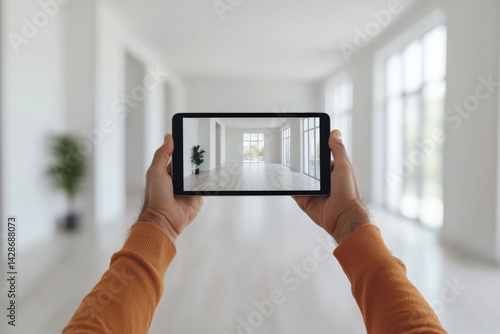 Realtor holding tablet showing virtual property tour in empty apartment