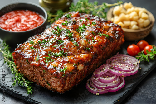 Obraz na płótnie Meatloaf styled on rustic black stone table with side ingredients w salonie