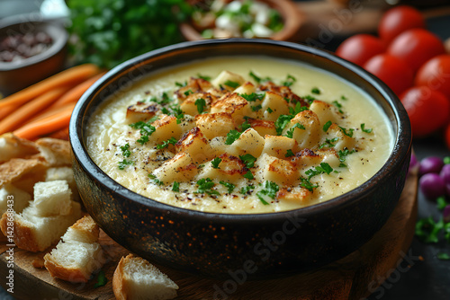 Melted cheese fondue served with fresh vegetables and bread cubes