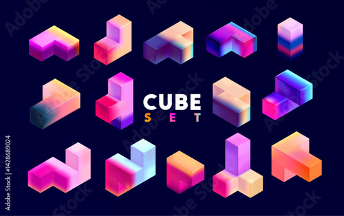 Colorful 3D  cubes. Set of multicolor vector geometric shapes.