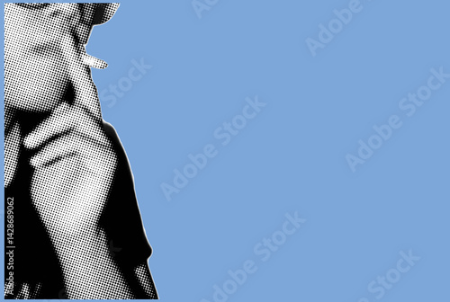 close up of young man smoking cigarette pixelate grayscale color halftone dotted texture style collage element isolated on blue background. copy space