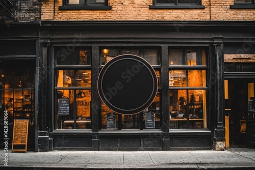 Dark storefront with circular blank sign, warm interior lighting visible through large windows