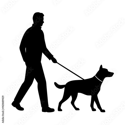 Silhouette of man walking a dog on a leash