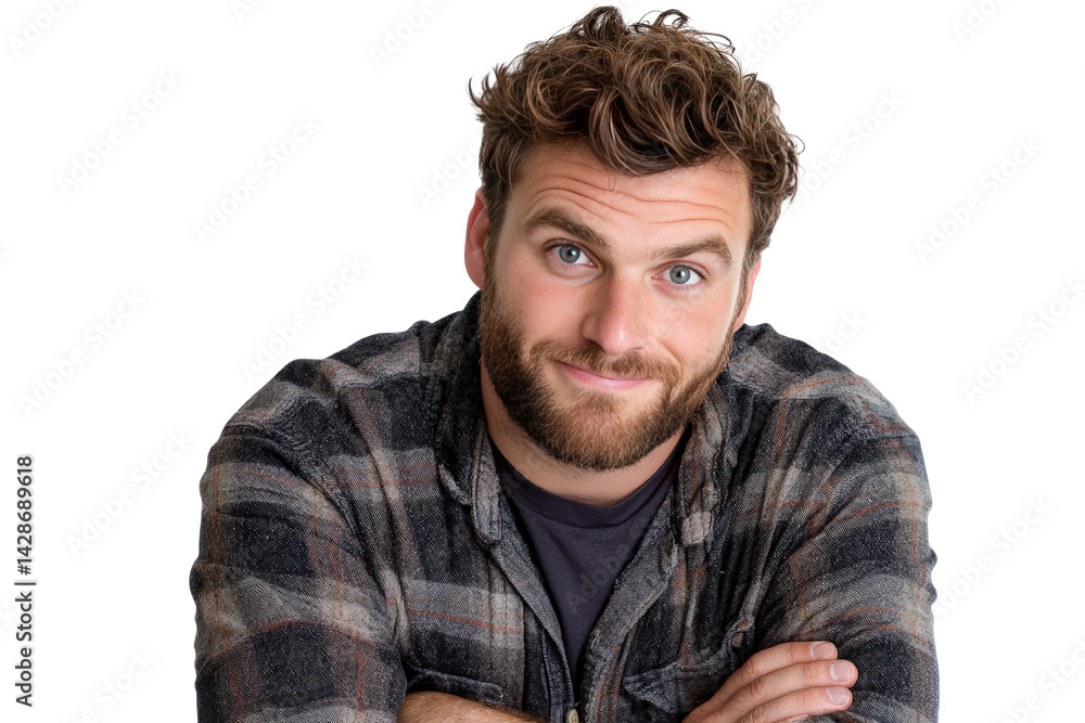 Fototapeta premium Smiling man in casual shirt posing with arms crossed against backdrop
