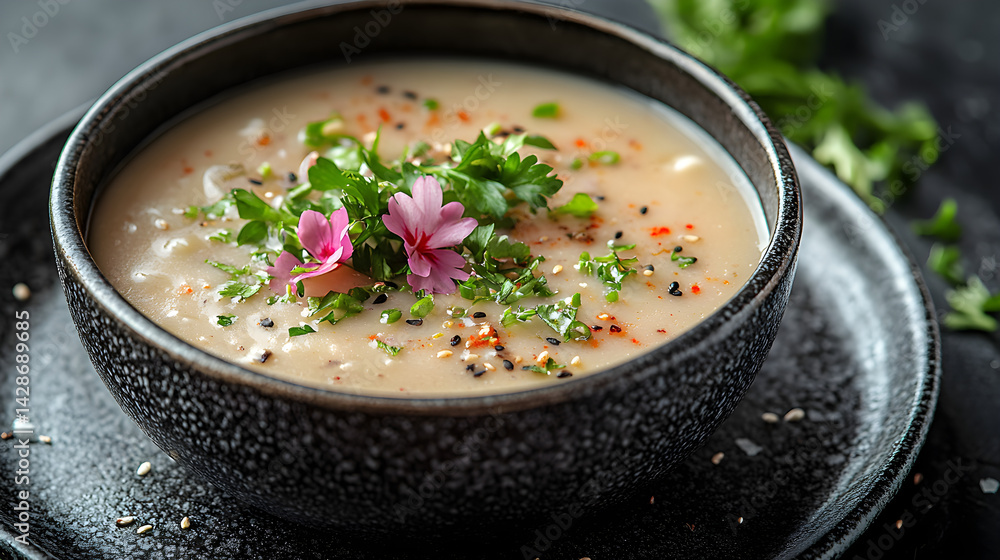 Miso Soup served on dark grey textured plate with fresh garnish top view