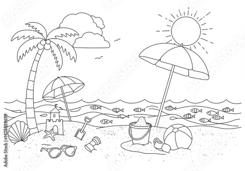 Fototapeta Naklejka Na Ścianę i Meble -  Tropical beach with palm tree, sandcastle, and ocean fish in a fun summer coloring book line art illustration