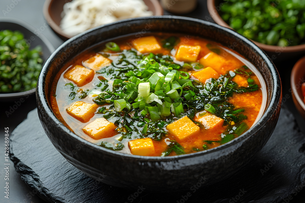 Miso Soup styled on rustic black stone table with side ingredients