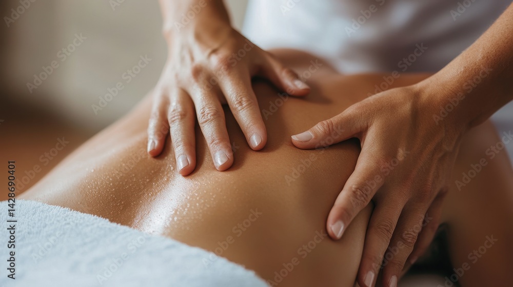 Fototapeta premium Hands gently massaging the back of a person in a tranquil spa setting.