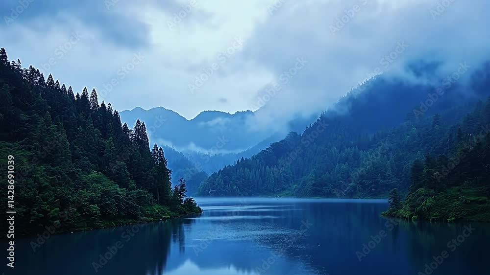Serene lake surrounded by lush mountains under a cloudy sky, reflecting tranquility in nature Serene lake surrounded by lush mountains under a cloudy sky, reflecting tranquility in nature