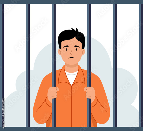 Illustration of a man in an orange prison uniform standing behind prison bars with a sad or contemplative expression.