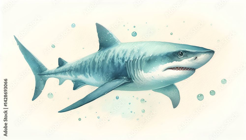 Fototapeta premium Great white shark isolated. Watercolor drawing of a great white shark. Underwater predator