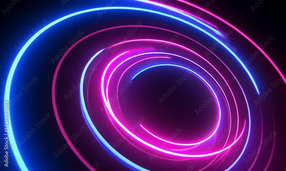 Rotating neon circles with blue and purple glowing effects set against pitch-black background made with Generative AI technology Rotating neon circles with blue and purple glowing effects set against pitch-black background made with Generative AI technology