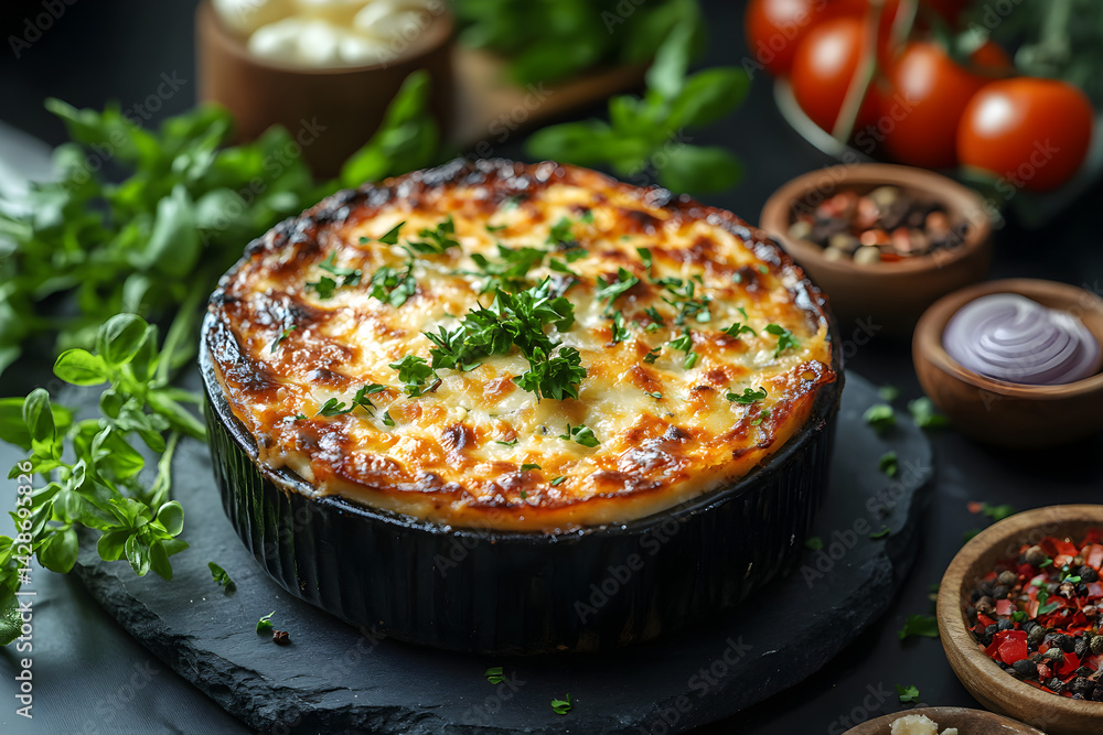 Moussaka styled on rustic black stone table with side ingredients