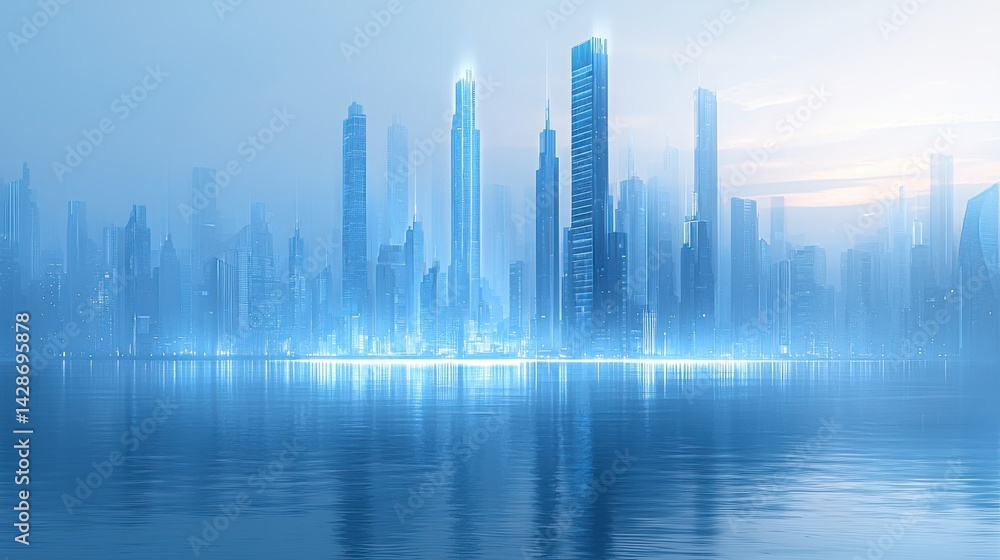 Futuristic cityscape with towe skyscrapers and sleek modern architecture reflecting on calm water under a clear blue sky with soft sunlight Futuristic cityscape with towe skyscrapers and sleek modern architecture reflecting on calm water under a clear blue sky with soft sunlight