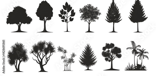 A vector set showcases black silhouette illustrations of various trees, including pine and oak, embodying the essence of nature and forest design