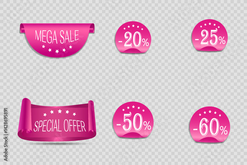 Sticker set, big sale and discounts. Stickers of offers and percentages.