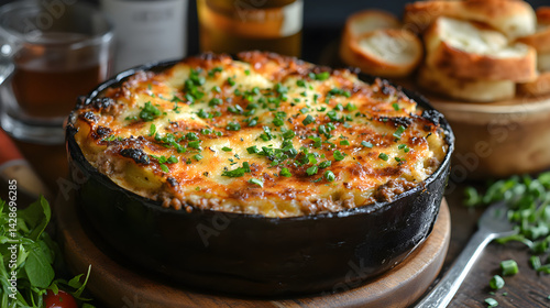 Moussaka with layers of eggplant, ground beef, and béchamel sauce
