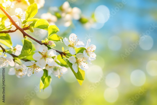Delicate white flowers bloom on branch, surrounded by vibrant green leaves, creating serene and refreshing spring atmosphere. soft bokeh background enhances beauty of nature