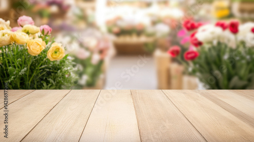 beautiful empty wooden table top with blurred background of colorful flowers, creating serene and inviting atmosphere for various uses
